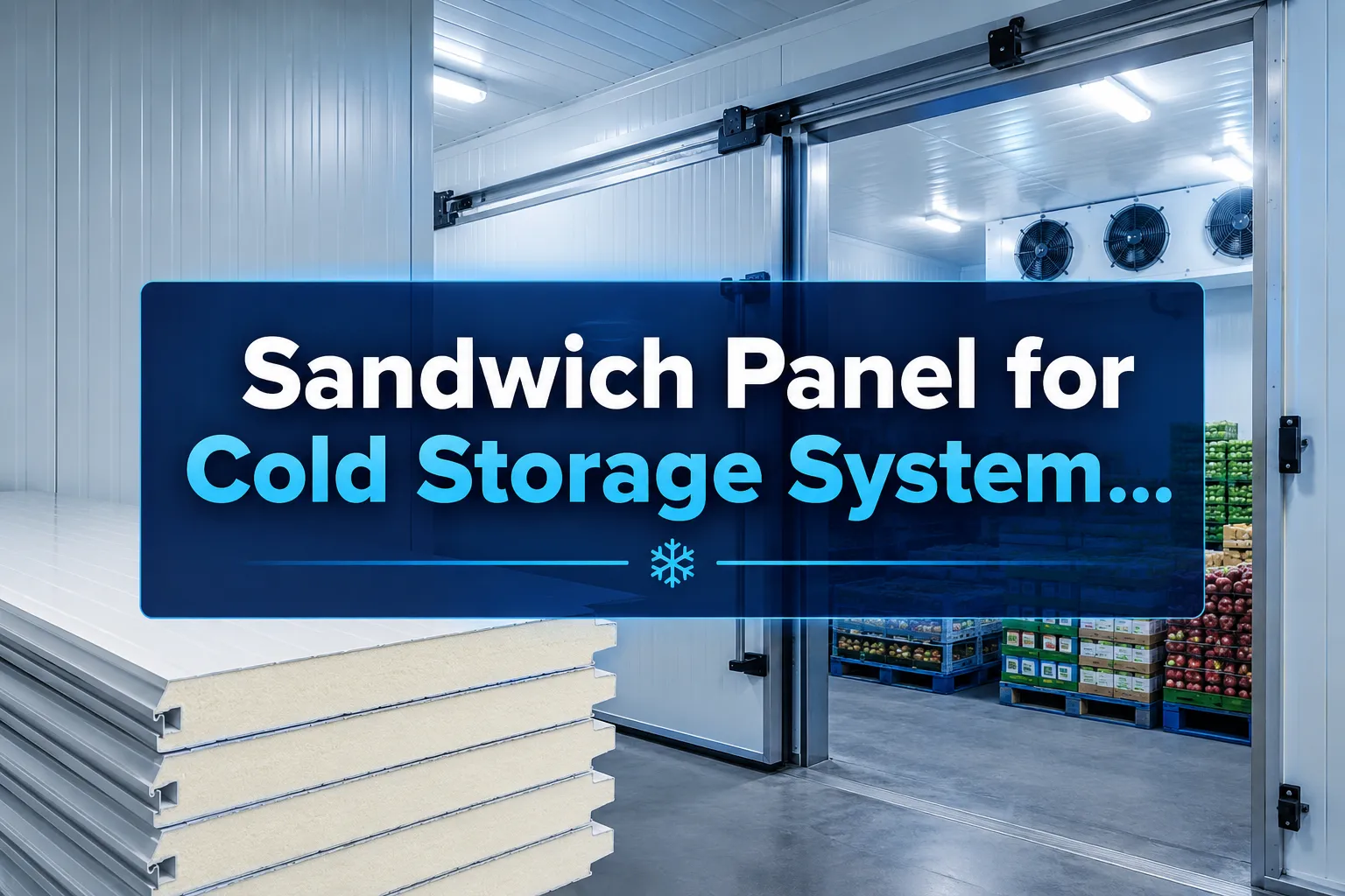 A reading "Sandwich Panel for Cold Storage System…". CRITICAL TYPOGRAPHY RULES: render the text on 1–2 lines, centered, with