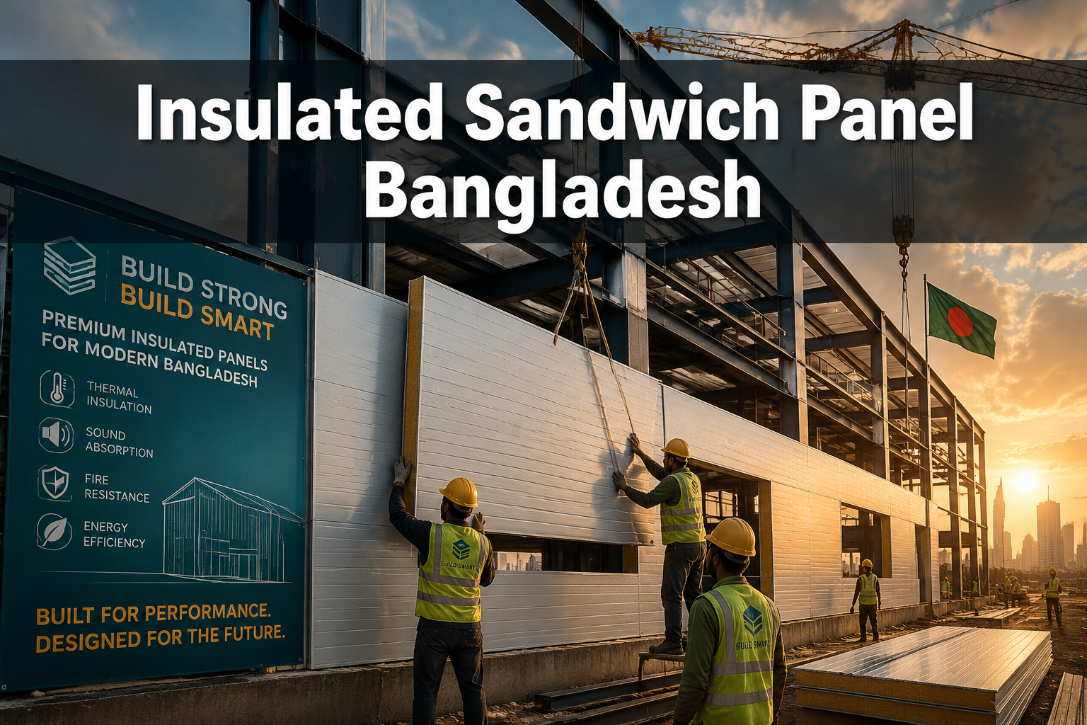 Insulated Sandwich Panel Bangladesh banner with workers installing wall panels beside the Bangladesh flag
