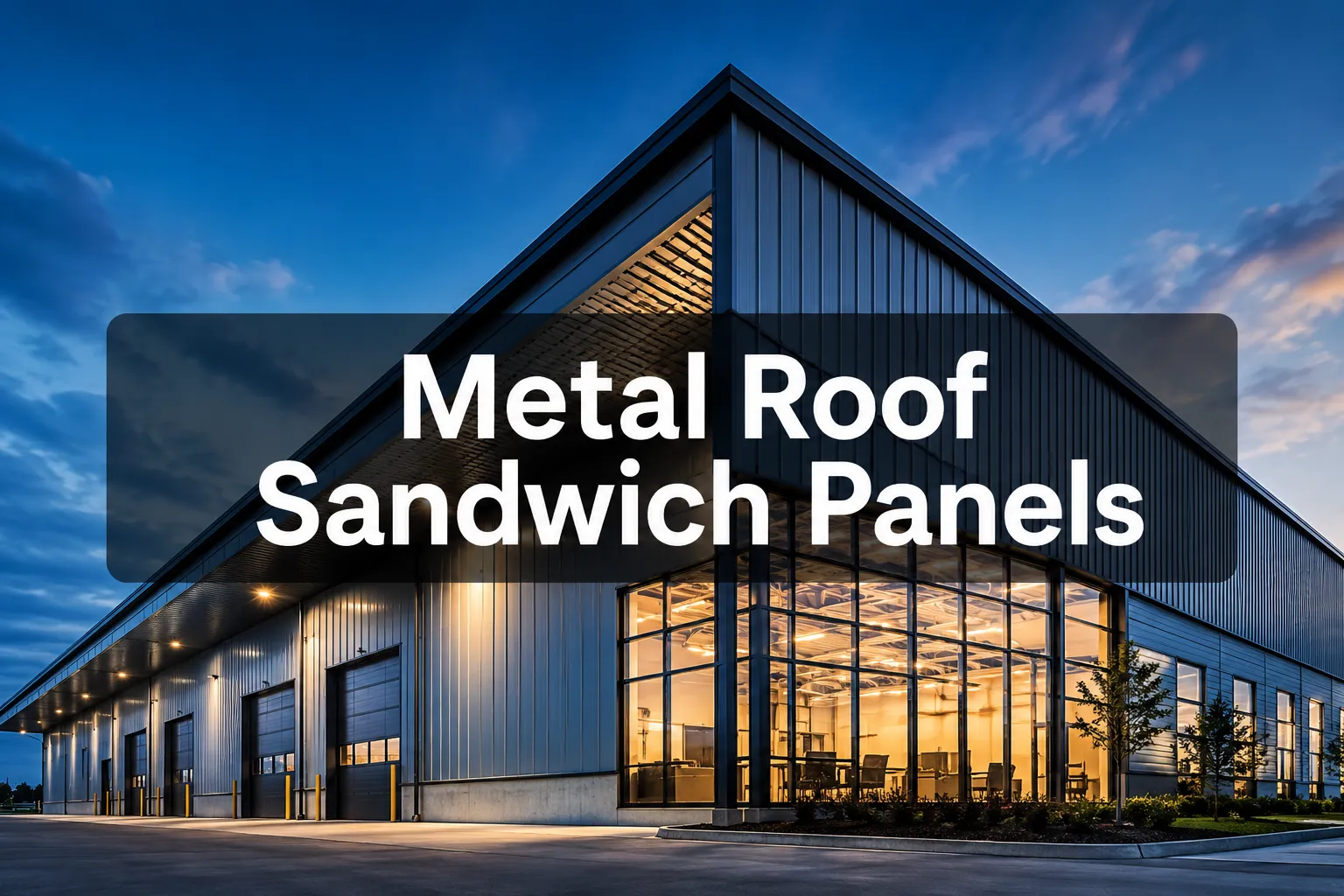Metal Roof Sandwich Panels banner in front of a large metal-roofed building at dusk