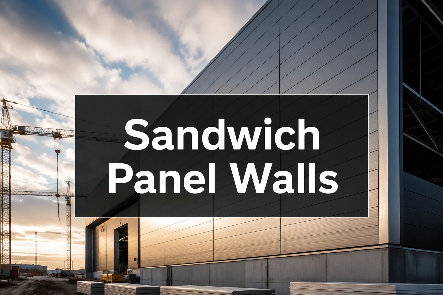 Sandwich Panel Walls banner in front of a tall panel-clad wall with cranes behind