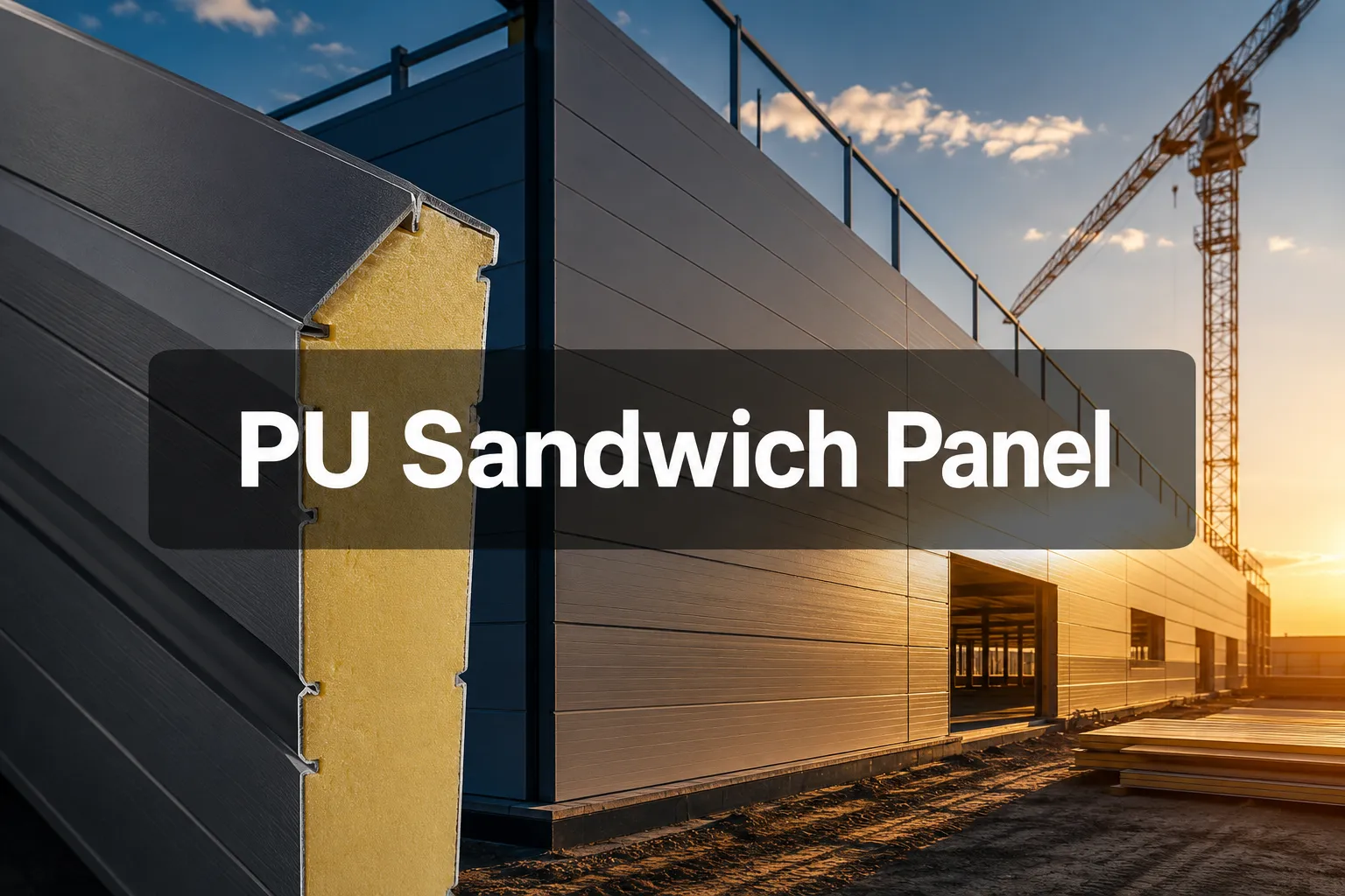 PU Sandwich Panel banner beside a wall panel section with a foam core on a building at sunset