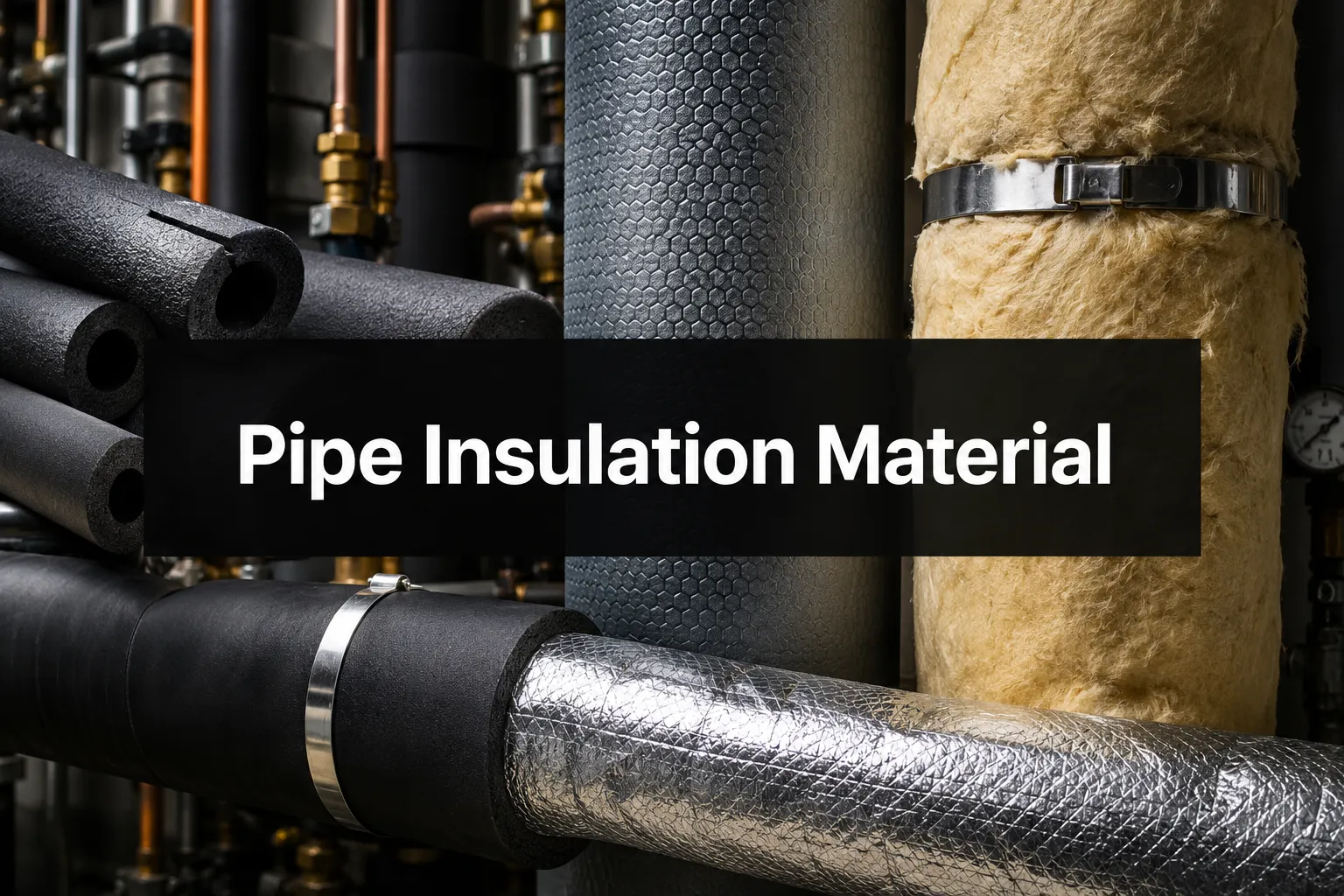 Pipe Insulation Material banner over pipes with rubber foam, foil and mineral wool insulation
