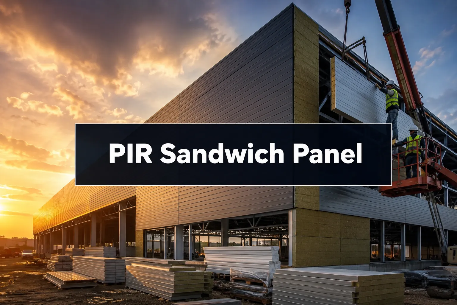 PIR Sandwich Panel banner with workers lifting panels onto a building under construction at sunset