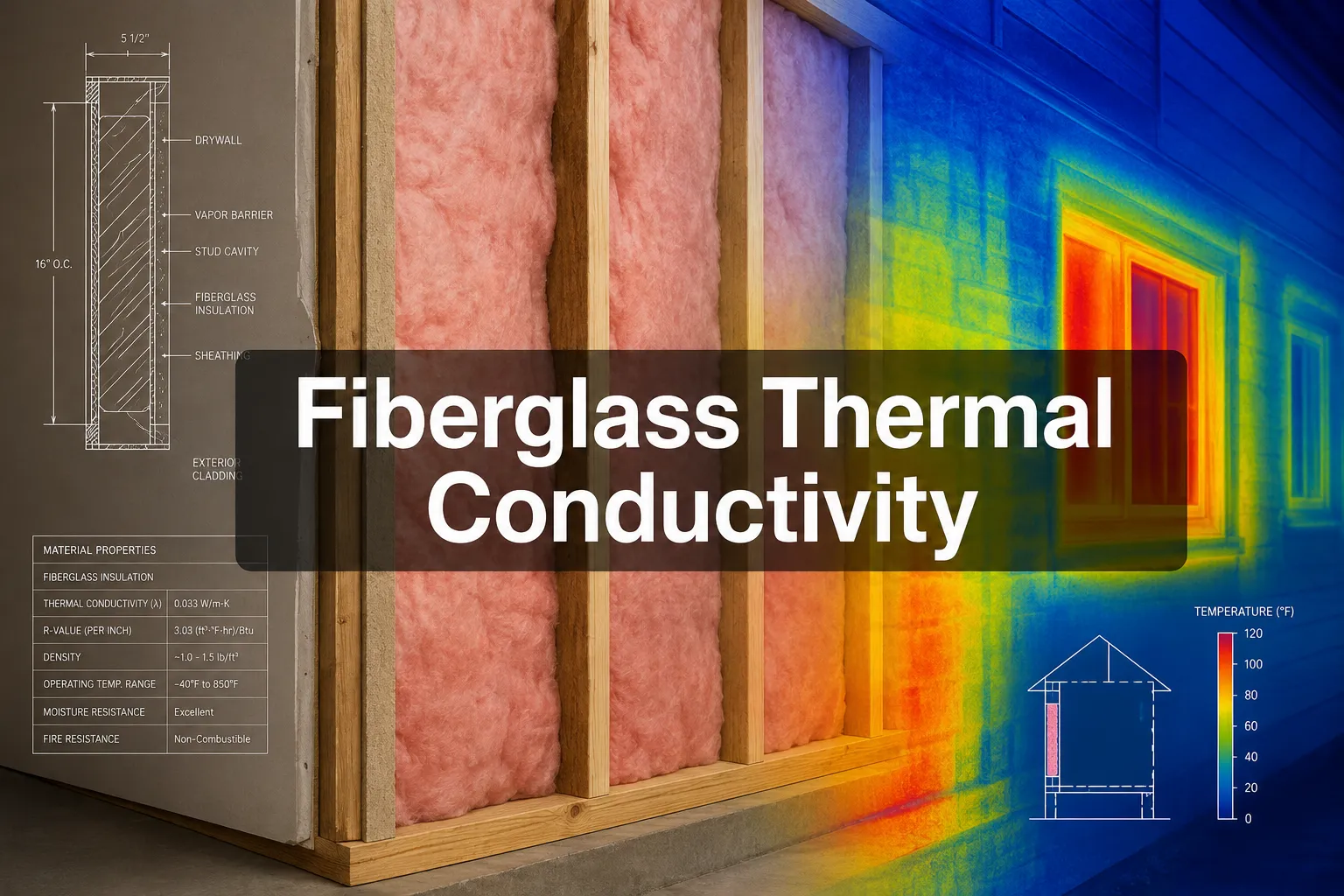 Fiberglass Thermal Conductivity banner over pink fiberglass insulation in a wall frame with a thermal image
