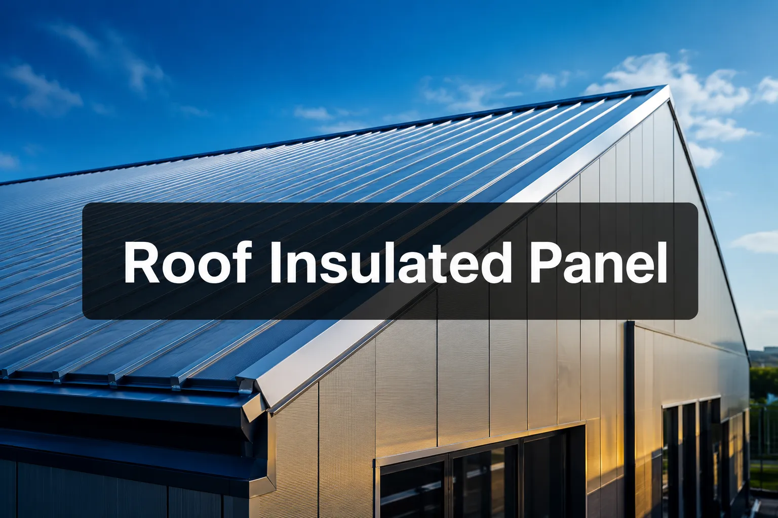 Roof Insulated Panel banner over the ribbed metal roof and clad wall of a building