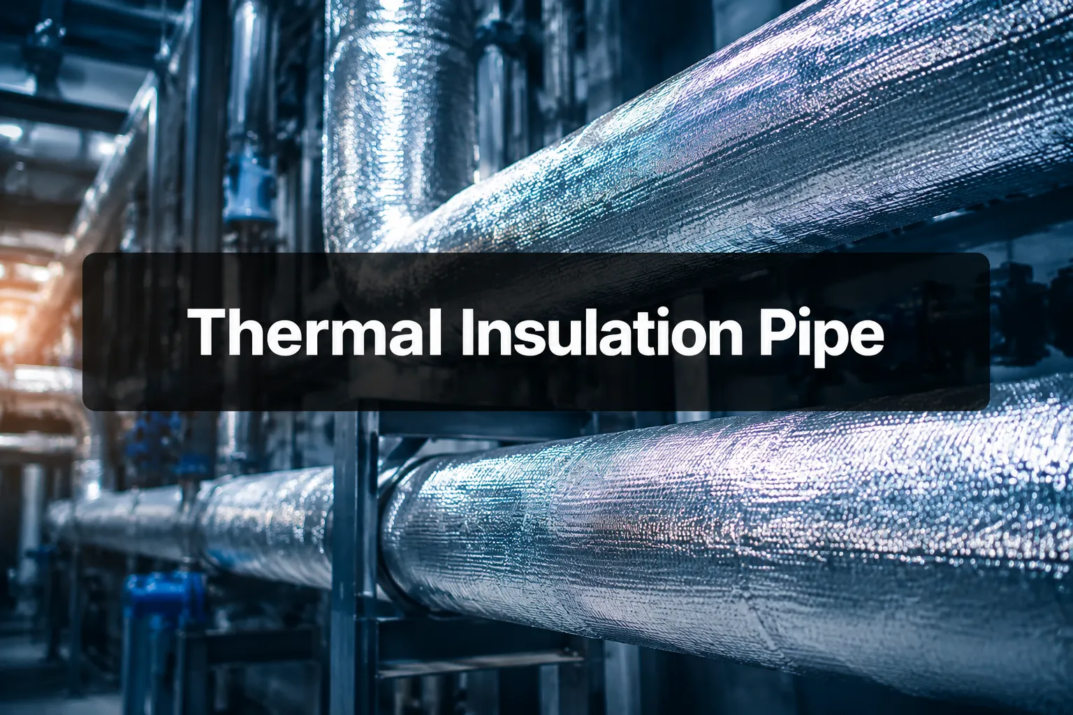 Thermal Insulation Pipe banner over foil-wrapped insulated pipes in a plant room