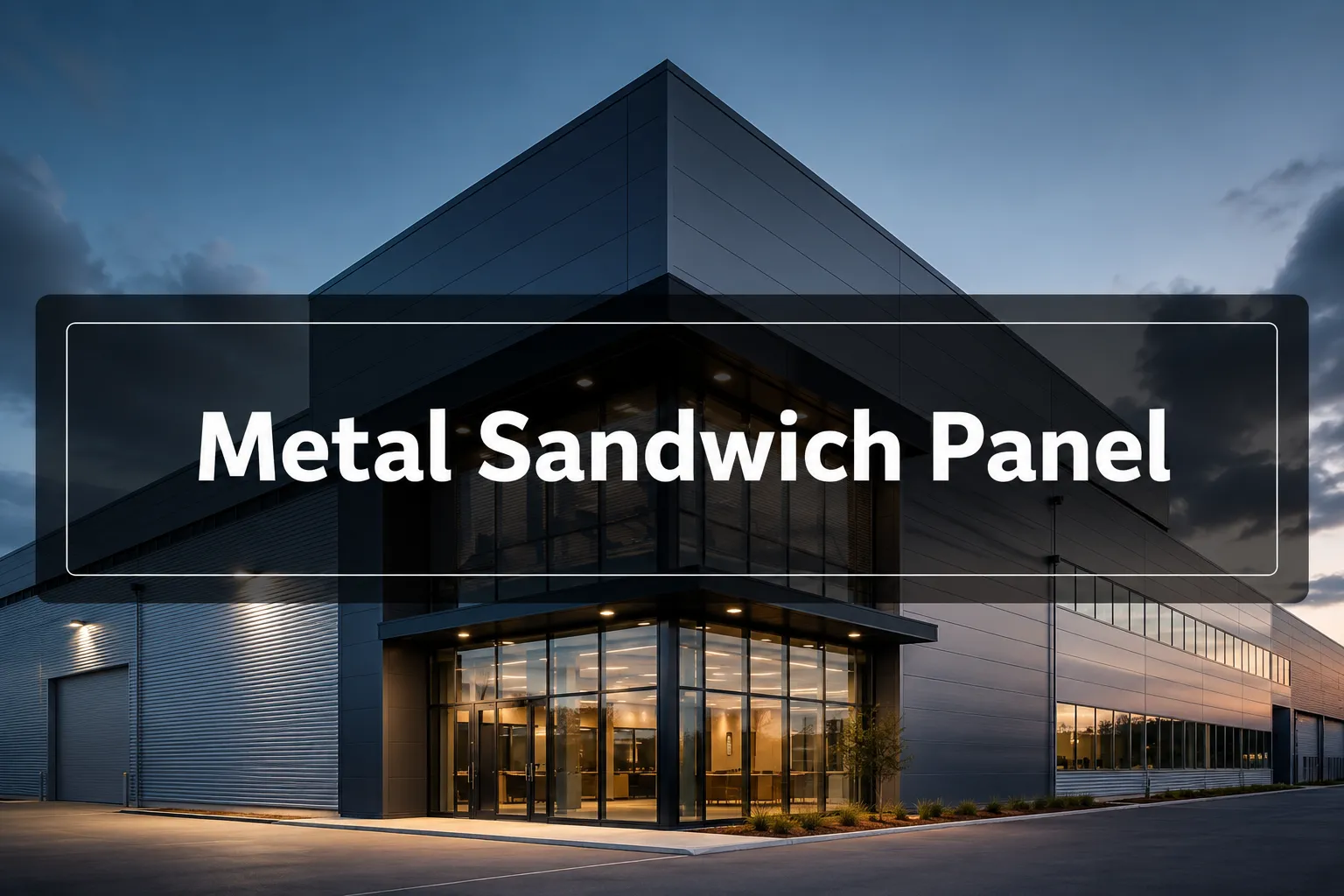 Metal Sandwich Panel banner in front of a dark metal-clad office and warehouse building at dusk