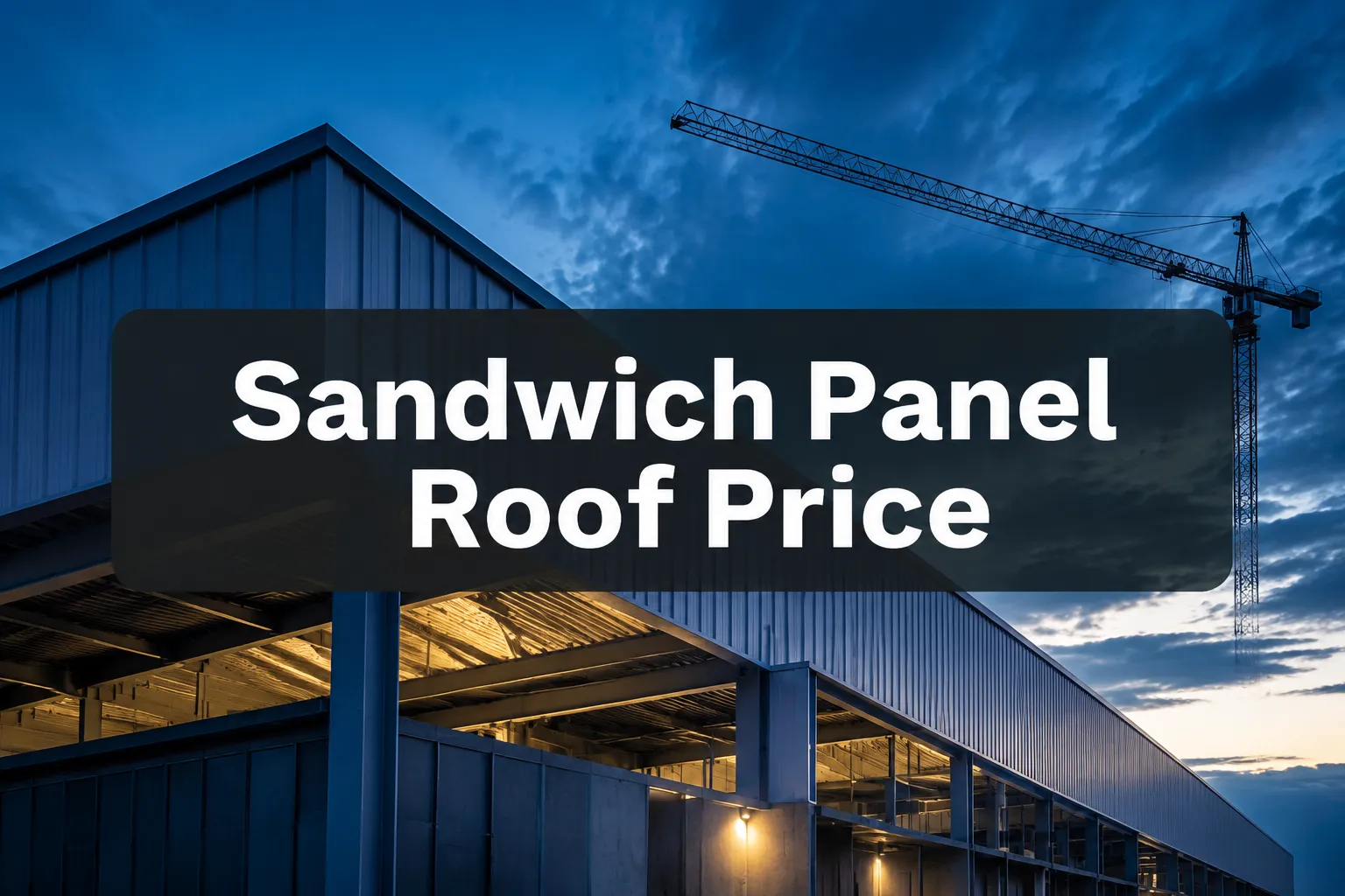 Sandwich Panel Roof Price banner under the roof of a steel shed at dusk with a crane behind