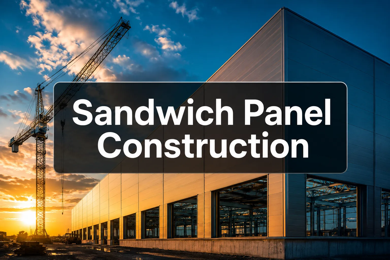 Sandwich Panel Construction banner in front of a panel-clad building under construction at sunset