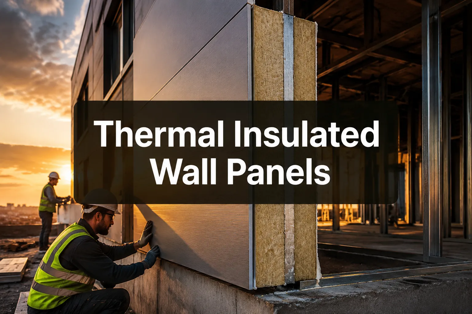 Thermal Insulated Wall Panels banner with a worker fixing a wall panel with a mineral wool core