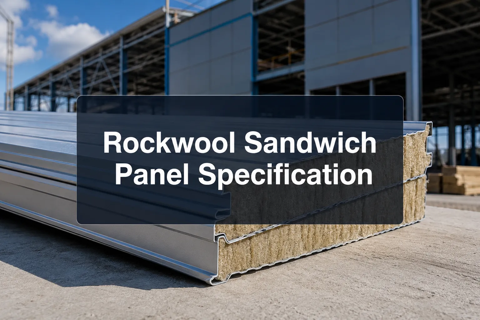 Rockwool Sandwich Panel Specification banner over stacked panels with mineral wool cores