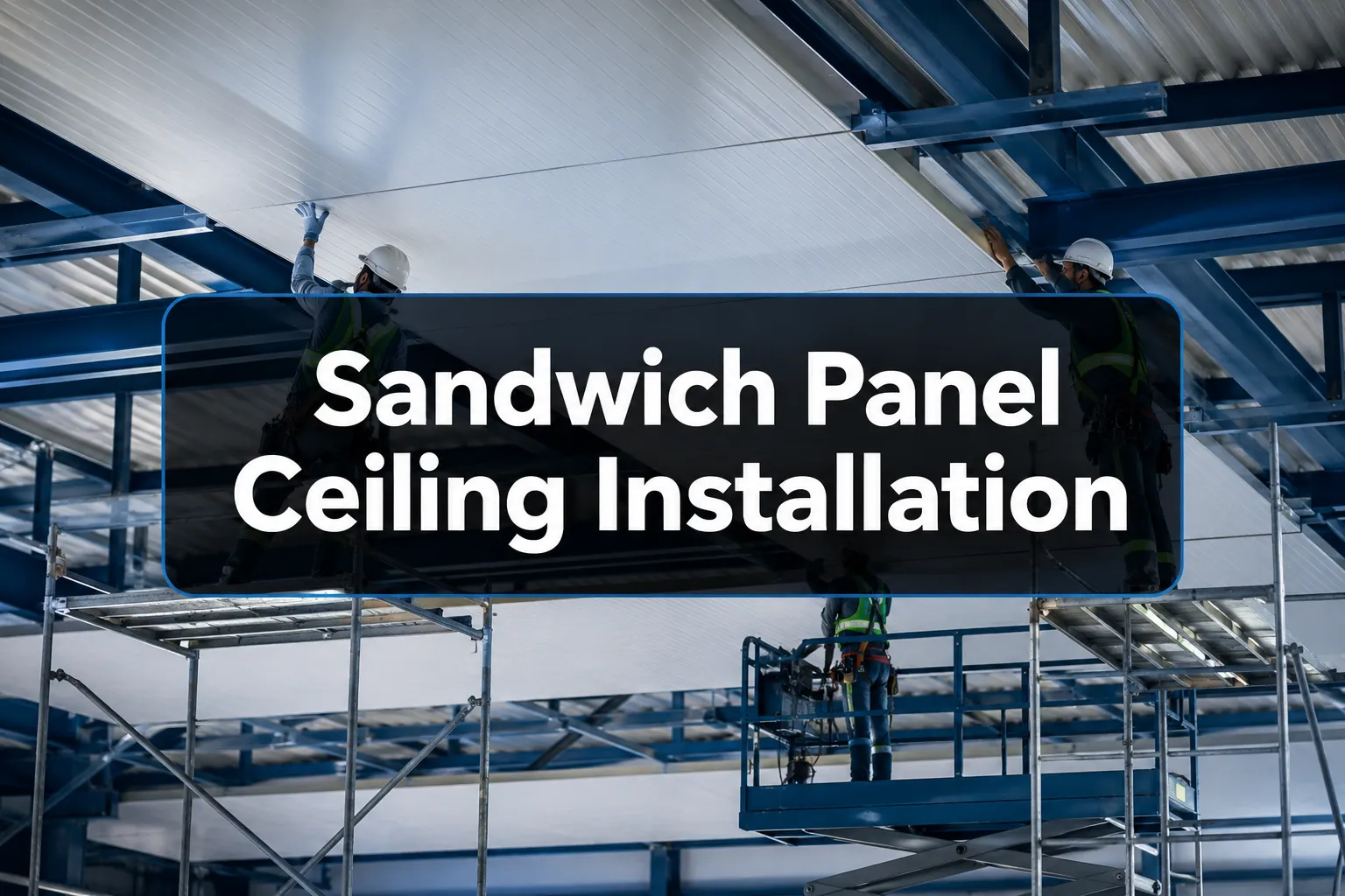 Sandwich Panel Ceiling Installation banner with workers fitting ceiling panels from scaffolding