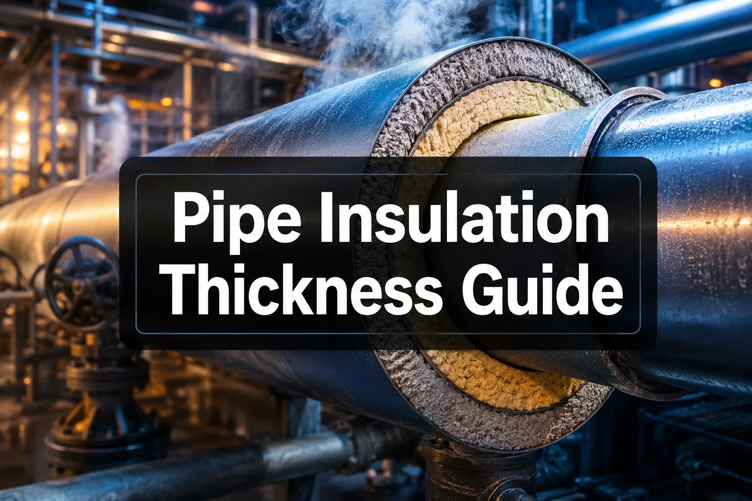 Pipe Insulation Thickness Guide banner over a cutaway insulated industrial pipe
