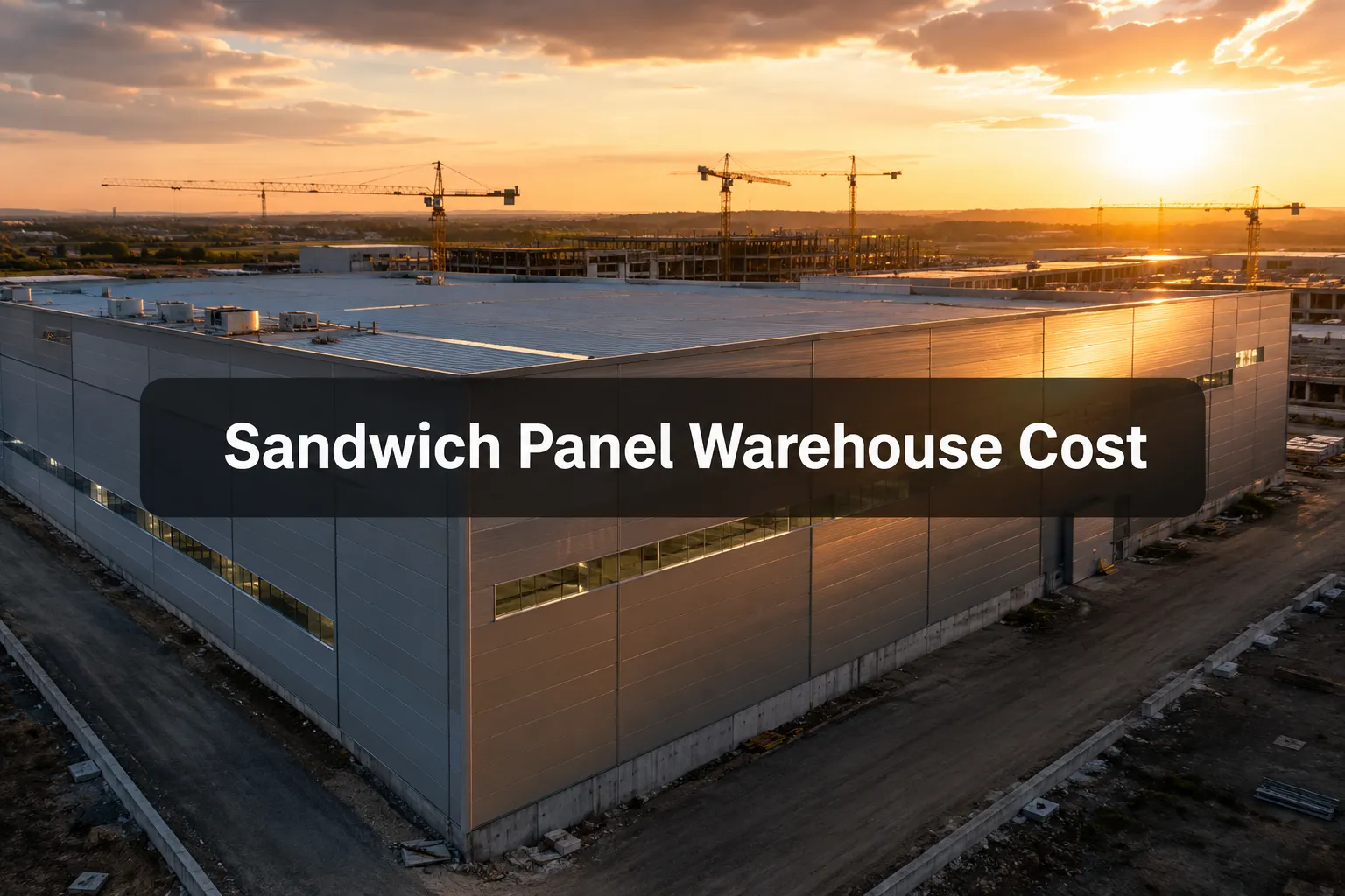 Sandwich Panel Warehouse Cost banner over an aerial view of a large panel-clad warehouse