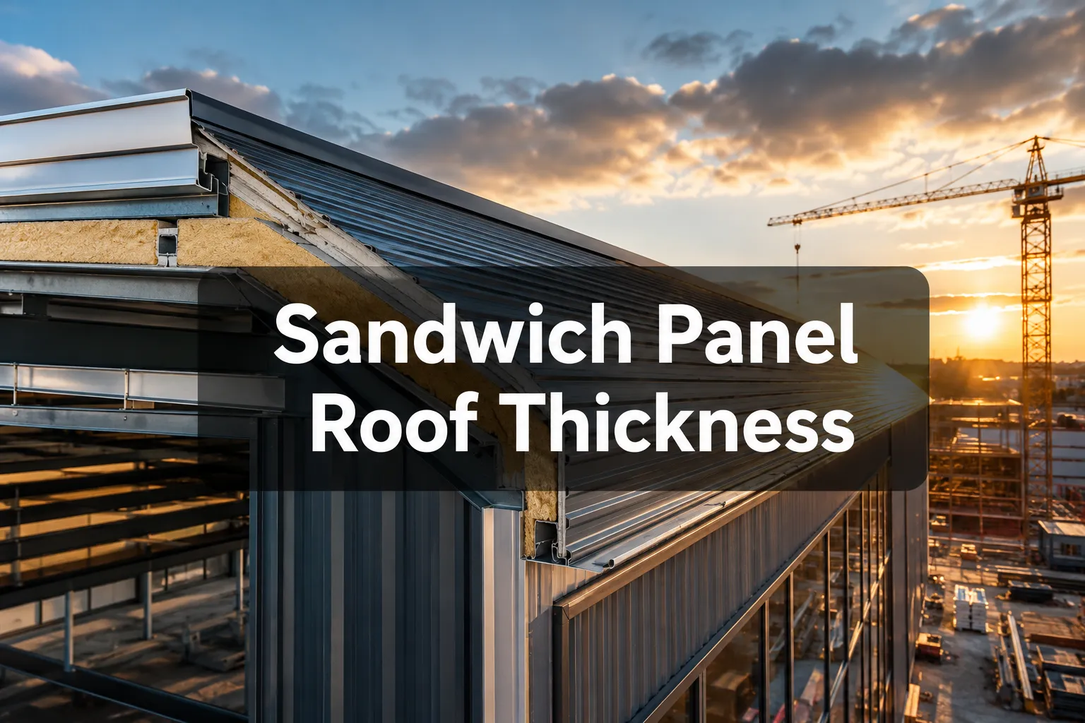 Sandwich Panel Roof Thickness banner beside the roof edge of a building under construction