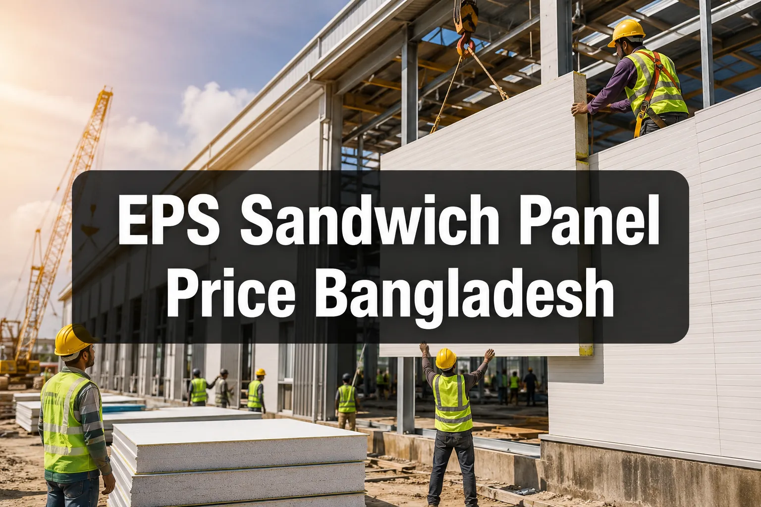 EPS Sandwich Panel Price Bangladesh banner with workers installing white wall panels on site