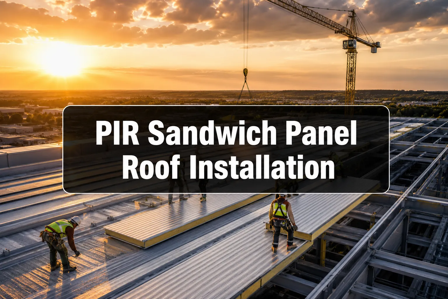 PIR Sandwich Panel Roof Installation banner with workers laying roof panels at sunset