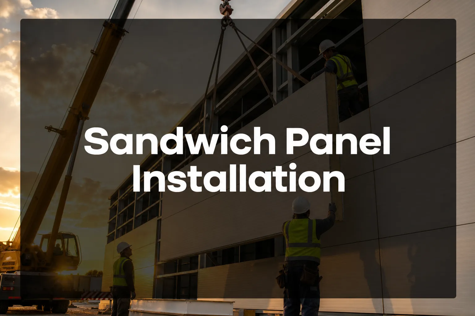 Sandwich Panel Installation banner with workers guiding a wall panel lifted by crane