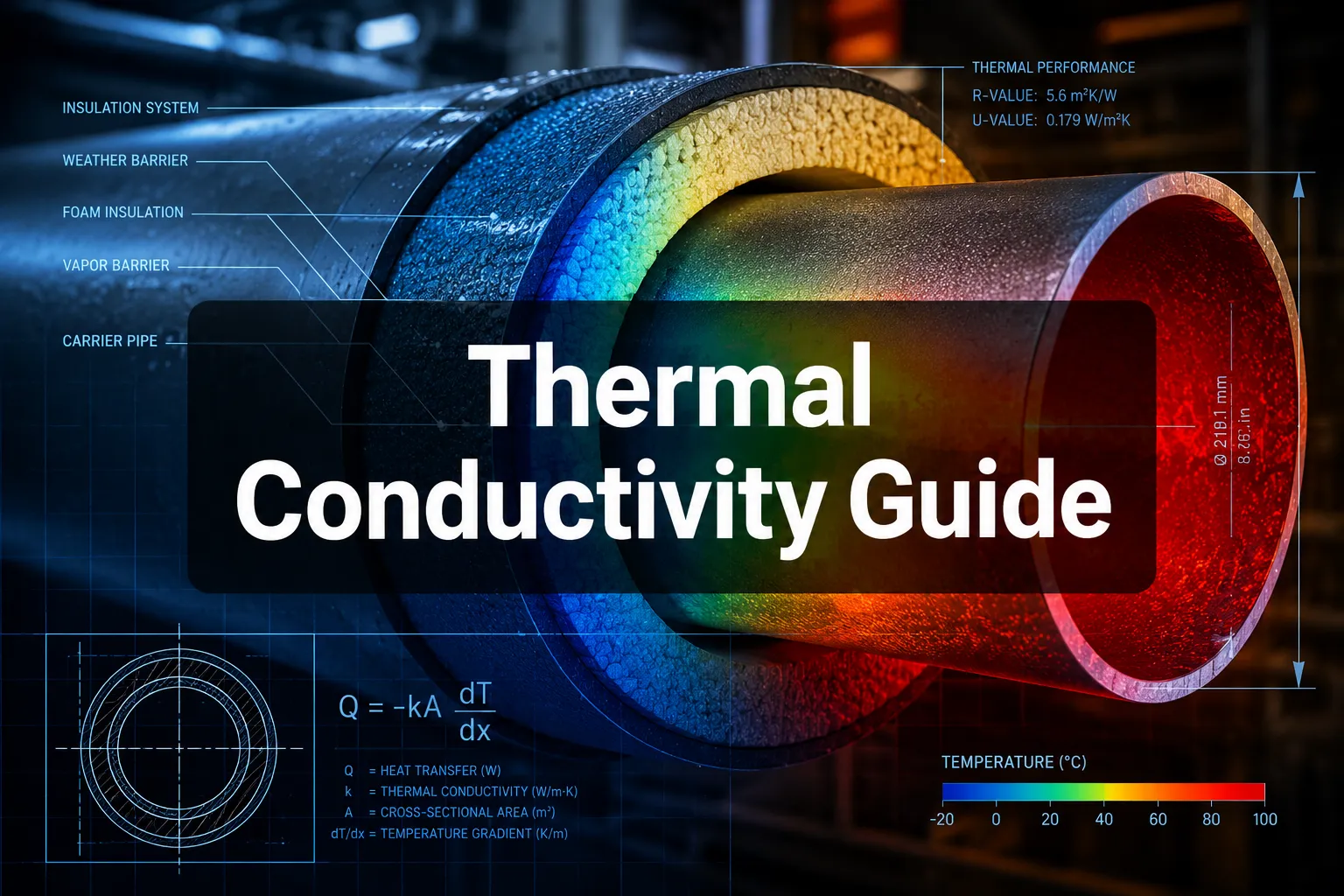 Thermal Conductivity Guide banner over a cutaway insulated pipe with a temperature scale