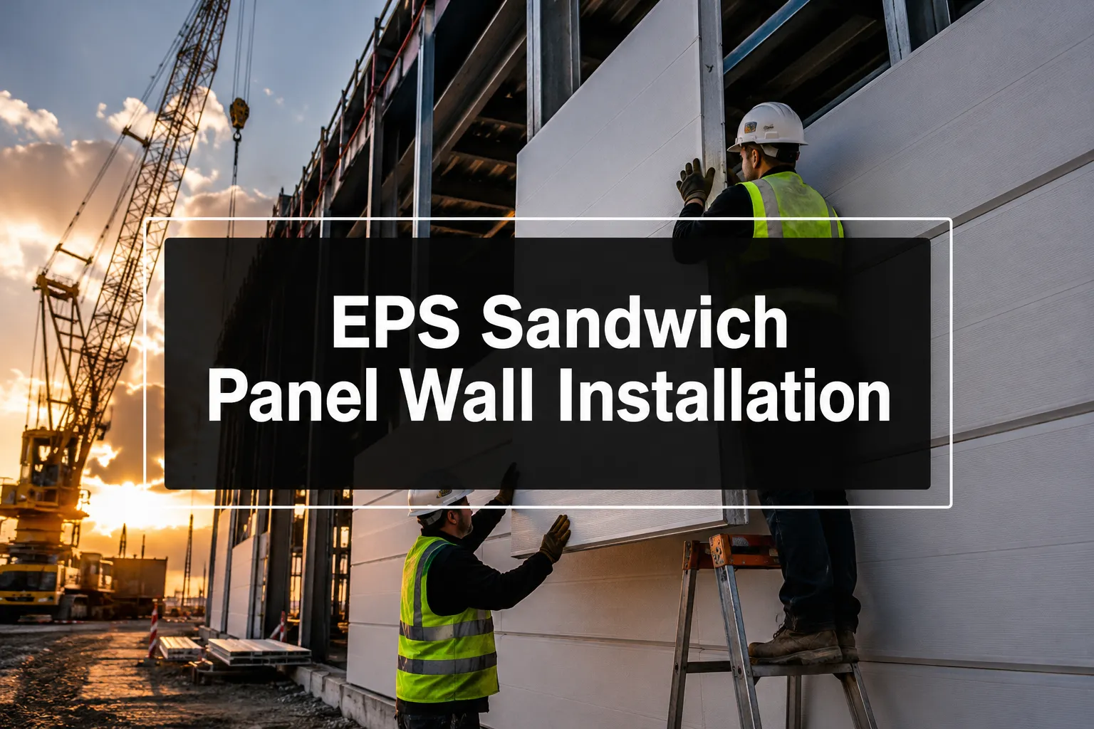 EPS Sandwich Panel Wall Installation banner with workers fixing white wall panels