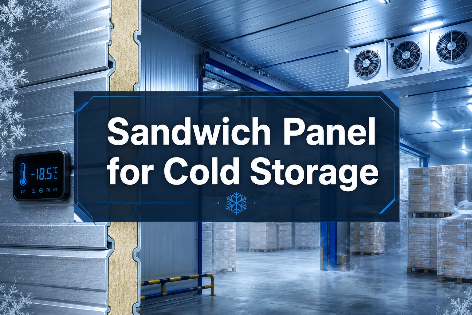 Sandwich Panel for Cold Storage banner inside a cold store with evaporator fans and pallets