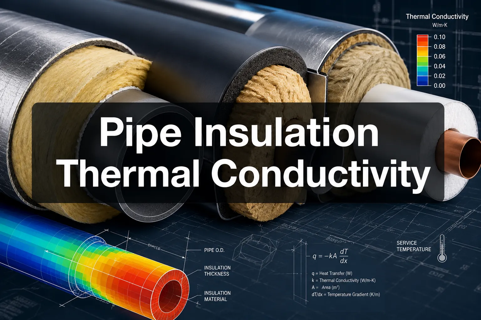 Pipe Insulation Thermal Conductivity banner over insulated pipes with a heat gradient diagram