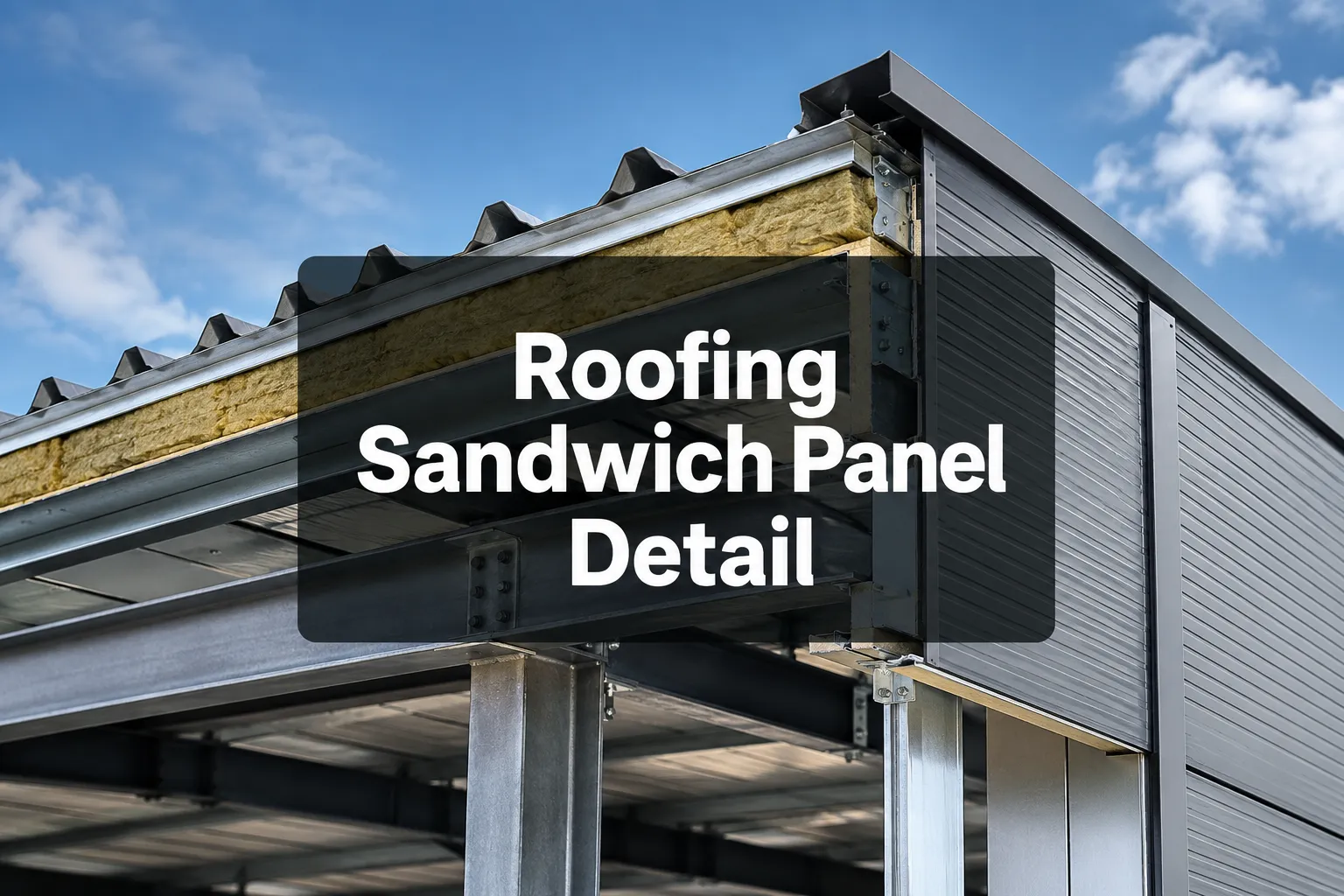 Roofing Sandwich Panel Detail banner showing a roof panel section at the edge of a building