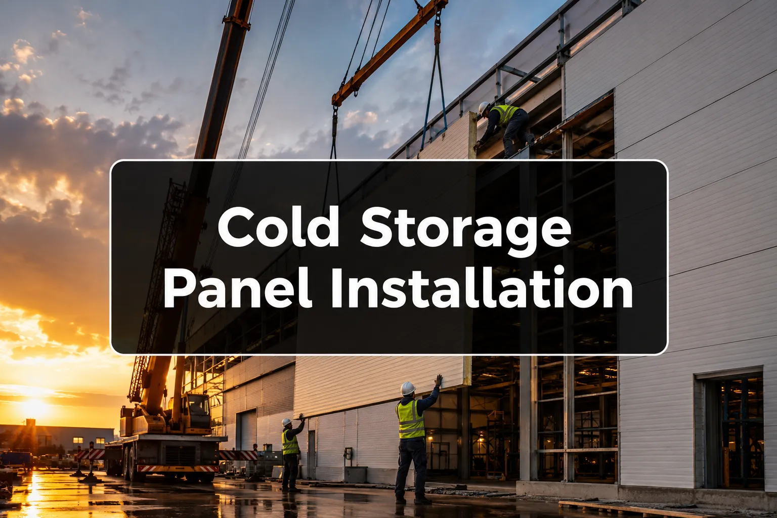 Cold Storage Panel Installation banner with workers lifting a panel into place by crane at sunset