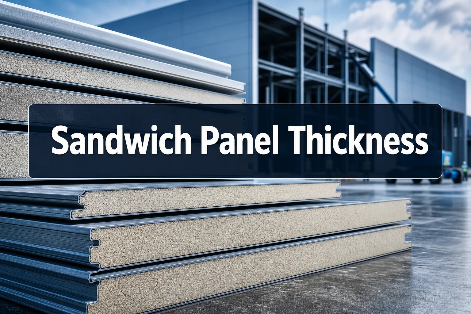Sandwich Panel Thickness banner over panels of different thicknesses stacked outside a building