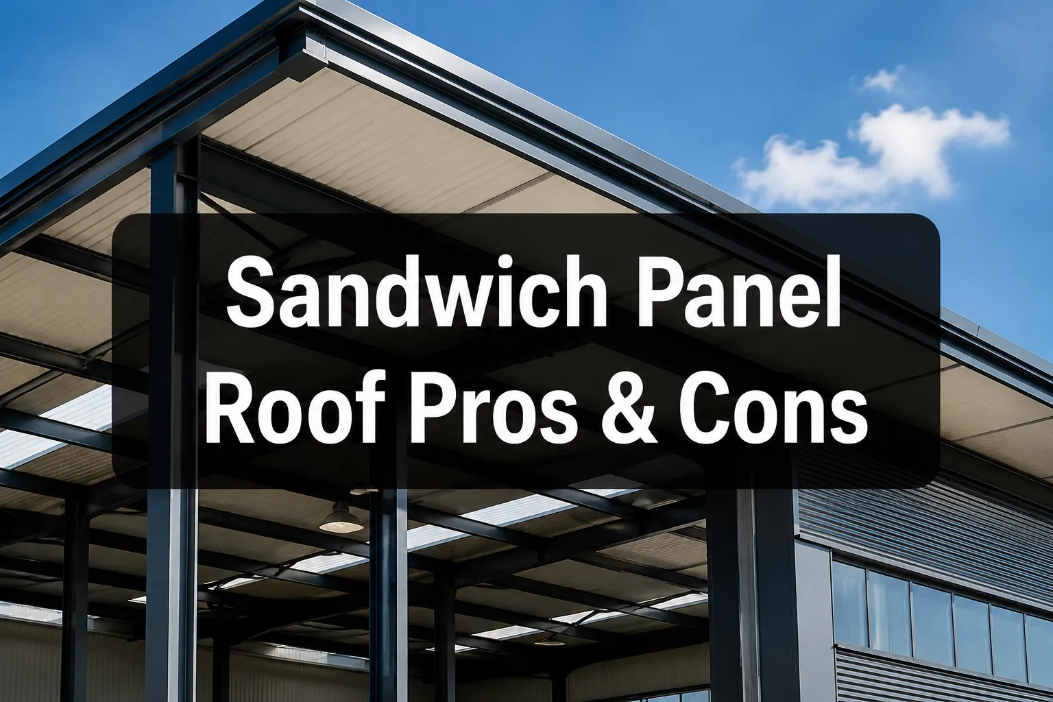 Sandwich Panel Roof Pros and Cons banner under a steel-framed canopy roof