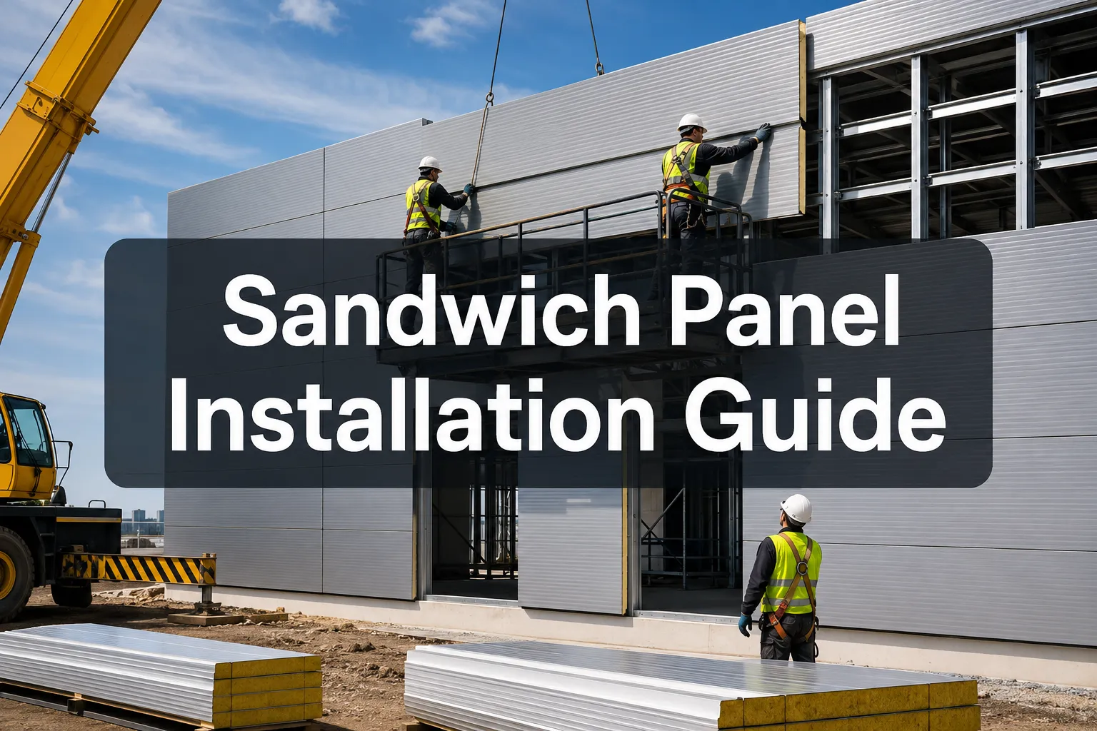Sandwich Panel Installation Guide banner with workers fixing wall panels from a lift beside a crane