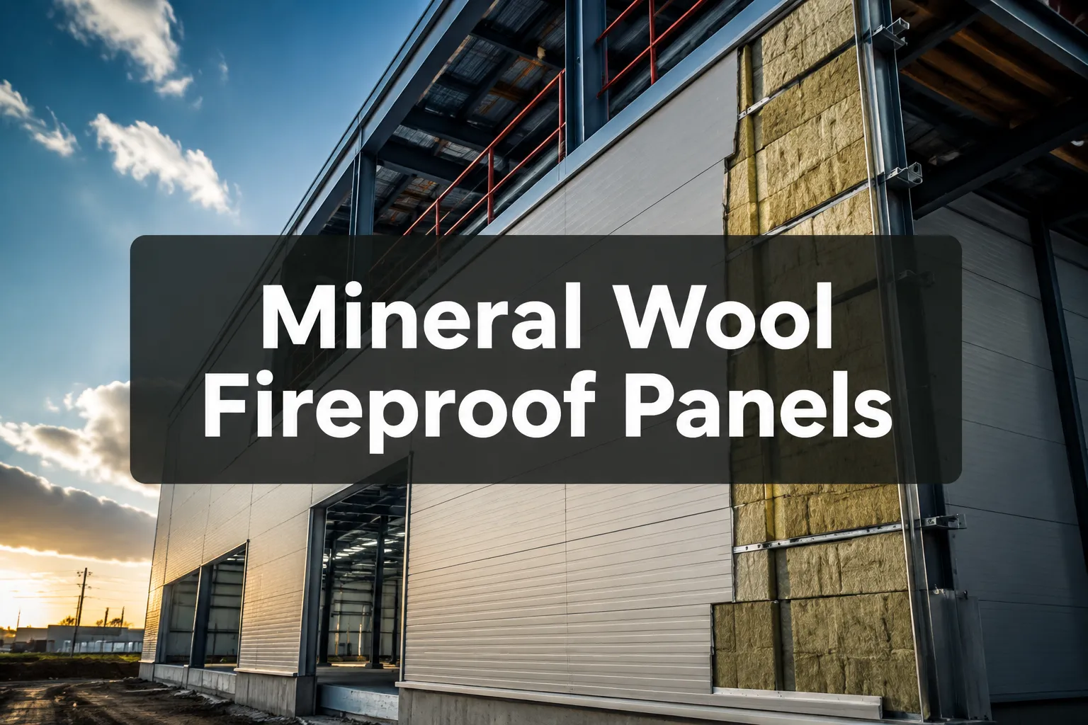 Mineral Wool Fireproof Panels banner on a building wall with the mineral wool core exposed