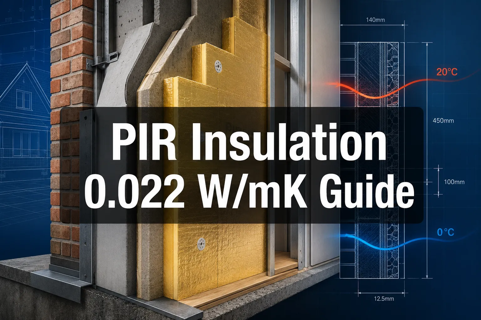 PIR Insulation 0.022 W/mK Guide banner over a cutaway wall showing its insulation layers