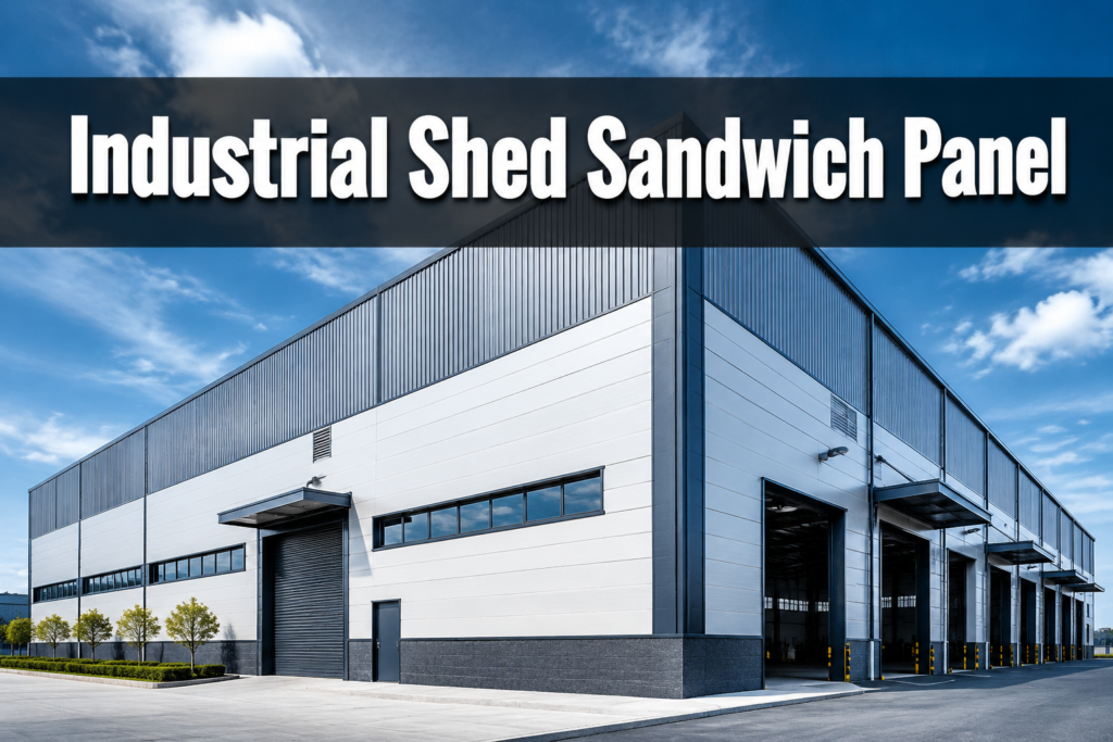 Professional () hero image featuring 'Industrial Shed Sandwich Panel' in extra large white with dark effect, centered in