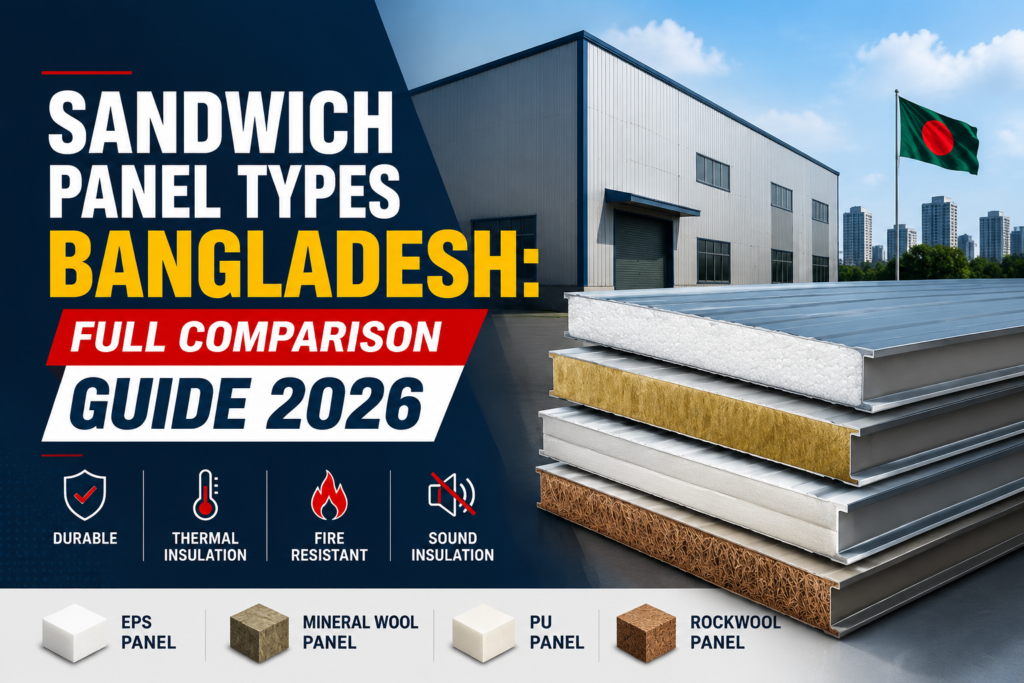 "Sandwich Panel Types Bangladesh: Full Comparison Guide 2026". Modern design, , , aesthetic. Background imagery relevant to: