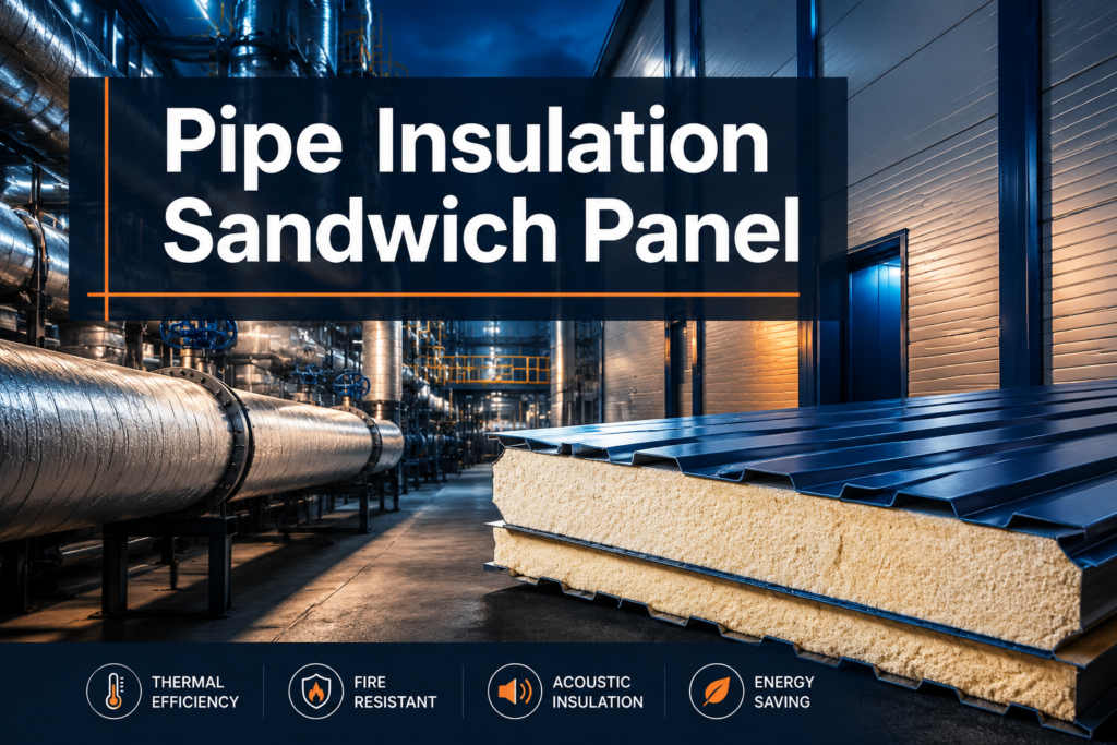 Professional () hero image featuring 'Pipe Insulation Sandwich Panel' in extra large white with dark semi-transparent box,