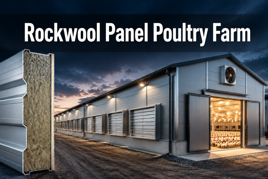 Professional () hero image featuring 'Rockwool Panel Poultry Farm' in extra large white with dark drop , centered in upper