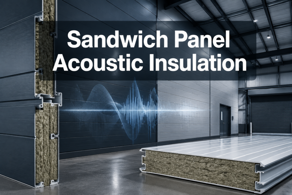 Professional () hero image featuring 'Sandwich Panel Acoustic Insulation' in extra large white with dark semi-transparent
