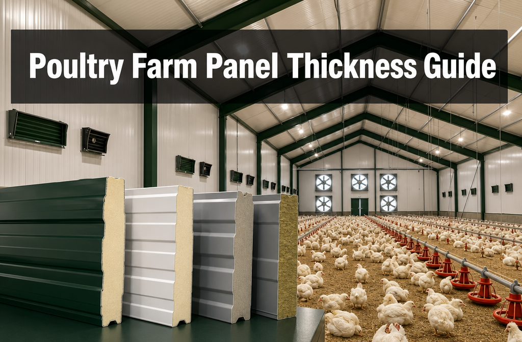 Professional () hero image featuring 'Poultry Farm Panel Thickness Guide' in extra large white with dark semi-transparent