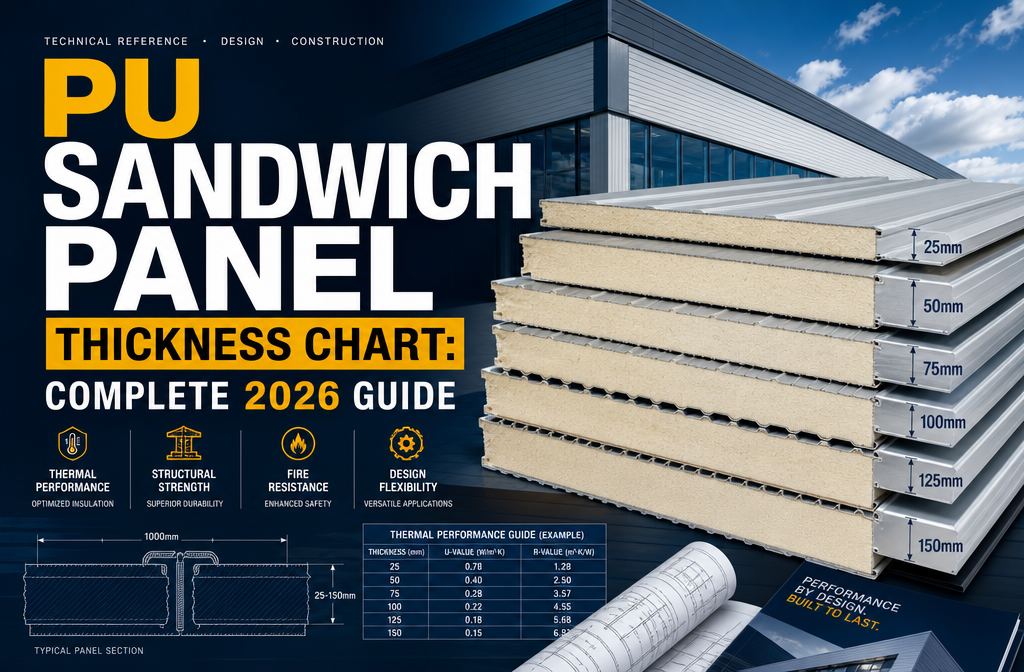 "PU Sandwich Panel Thickness Chart: Complete 2026 Guide". Modern design, , , aesthetic. Background imagery relevant to: PU