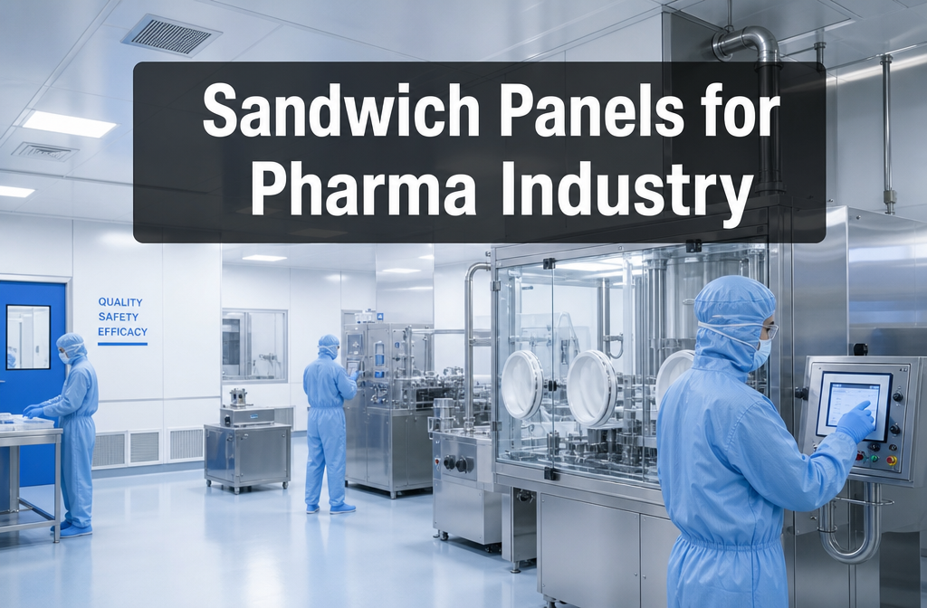 Professional () hero image featuring 'Sandwich Panels for Pharma Industry' in extra large white with dark semi-transparent