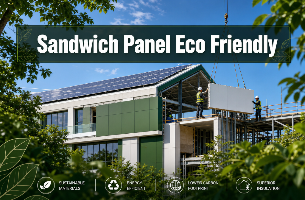 Professional () hero image featuring 'Sandwich Panel Eco Friendly' in extra large white with dark semi-transparent box,