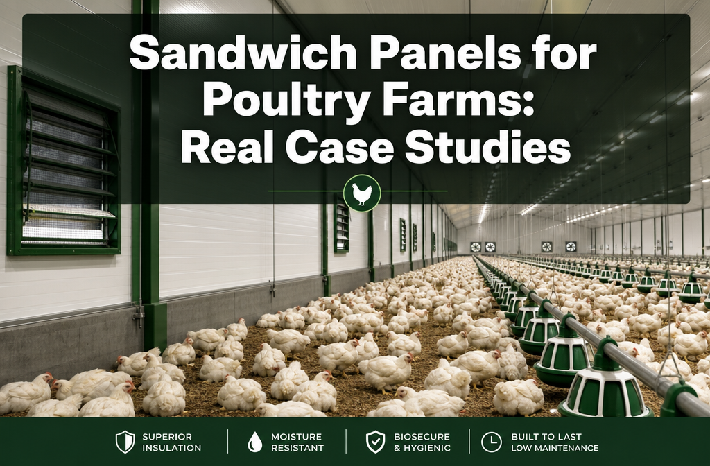 Professional () hero image featuring 'Sandwich Panels for Poultry Farms: Real Case Studies' in extra large white with dark